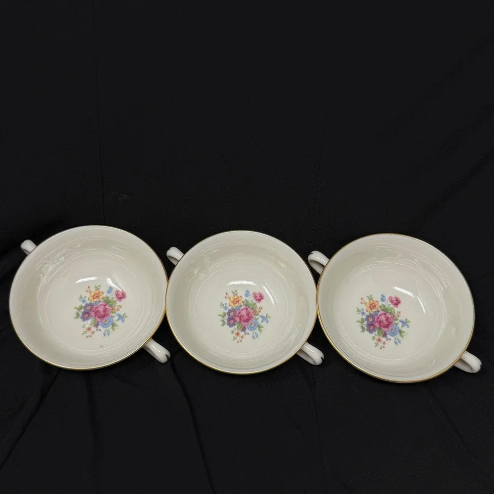 Lenox Rose Floral Cream Soup Handle Bowls Set 3 Pcs Floral Gold Trim 5 Inch Diam